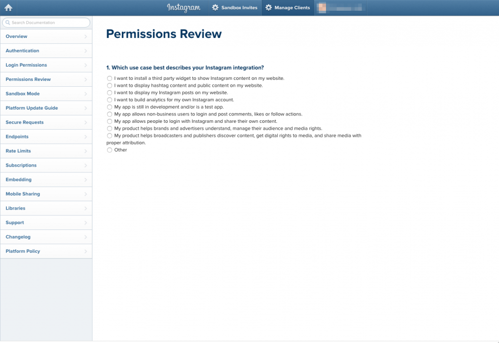 ermissions ReviewでInstagramアプリケーションの目的（権限）を選択