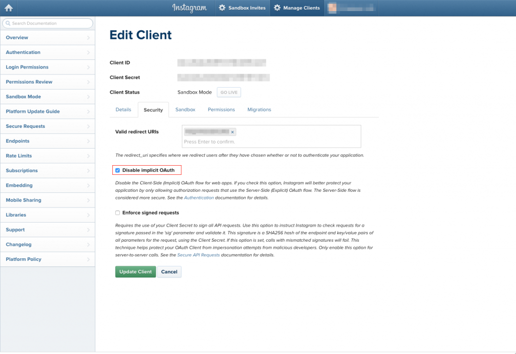 Disable implicit OAuthのチェックを外して再度アクセス